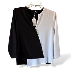 New Women’s Chic Black and White Women's Assymetrical design Vneck Blouse Large
